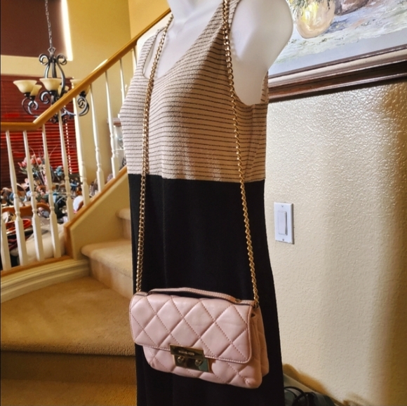Michael Kors Sloan Pink Quilted Leather Clutch Gold Chain Messenger Crossbody - Picture 14 of 16